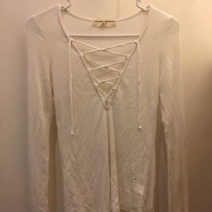 White Lace Up Ribbed Long Sleeve